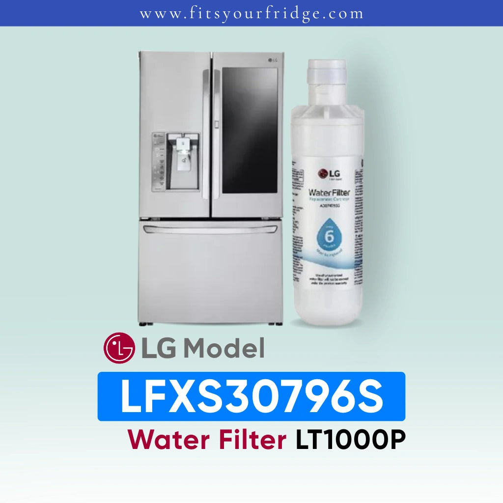 LG LFXS30796S refrigerator with water filter bottle on a light blue background
