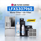 LG refrigerator LFXS30796S water filter and air filter set shown with a stainless steel refrigerator, two LG Water Filter bottles, two LG Air Filter boxes, and two rectangular air filters on a light blue background with promotional text.