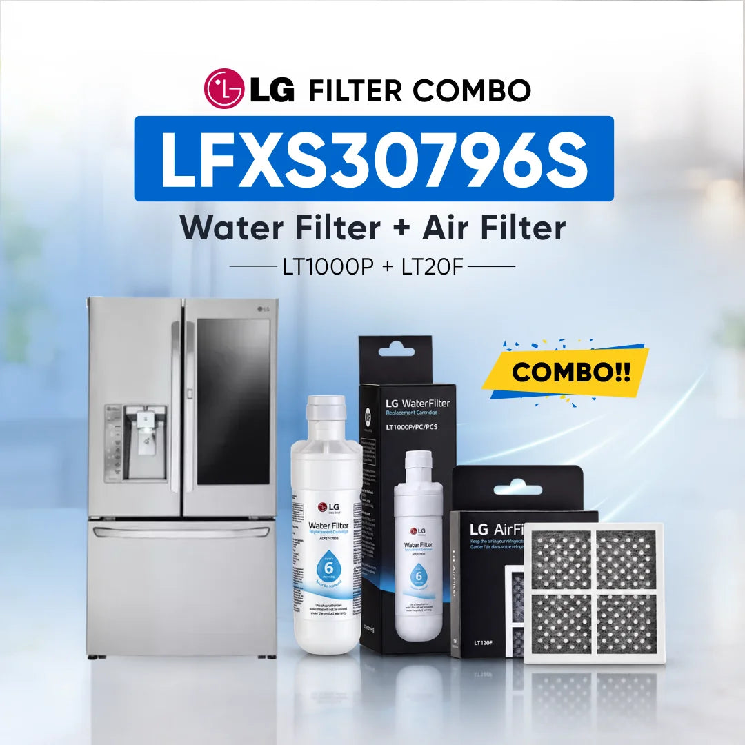 LG refrigerator LFXS30796S water filter and air filter set shown with a stainless steel refrigerator, two LG Water Filter bottles, two LG Air Filter boxes, and two rectangular air filters on a light blue background with promotional text.
