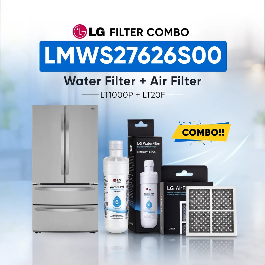 LG refrigerator LMWS27626S00 water filter and air filter set shown with a stainless steel refrigerator, two LG Water Filter bottles, two LG Air Filter boxes, and two rectangular air filters on a light blue background with promotional text.