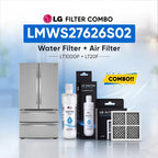 LG refrigerator LMWS27626S02 water filter and air filter set shown with a stainless steel refrigerator, two LG Water Filter bottles, two LG Air Filter boxes, and two rectangular air filters on a light blue background with promotional text.