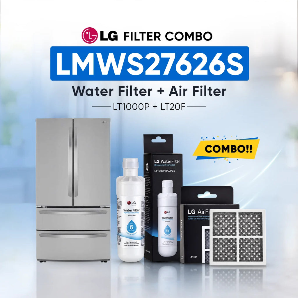 LG refrigerator LMWS27626S water filter and air filter set shown with a stainless steel refrigerator, two LG Water Filter bottles, two LG Air Filter boxes, and two rectangular air filters on a light blue background with promotional text.