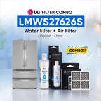 LG refrigerator LMWS27626S water filter and air filter set shown with a stainless steel refrigerator, two LG Water Filter bottles, two LG Air Filter boxes, and two rectangular air filters on a light blue background with promotional text.