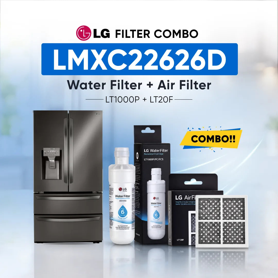 LG refrigerator LMXC22626D water filter and air filter set shown with a stainless steel refrigerator, two LG Water Filter bottles, two LG Air Filter boxes, and two rectangular air filters on a light blue background with promotional text.