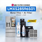 LG refrigerator LMXS28596S01 water filter and air filter set shown with a stainless steel refrigerator, two LG Water Filter bottles, two LG Air Filter boxes, and two rectangular air filters on a light blue background with promotional text.