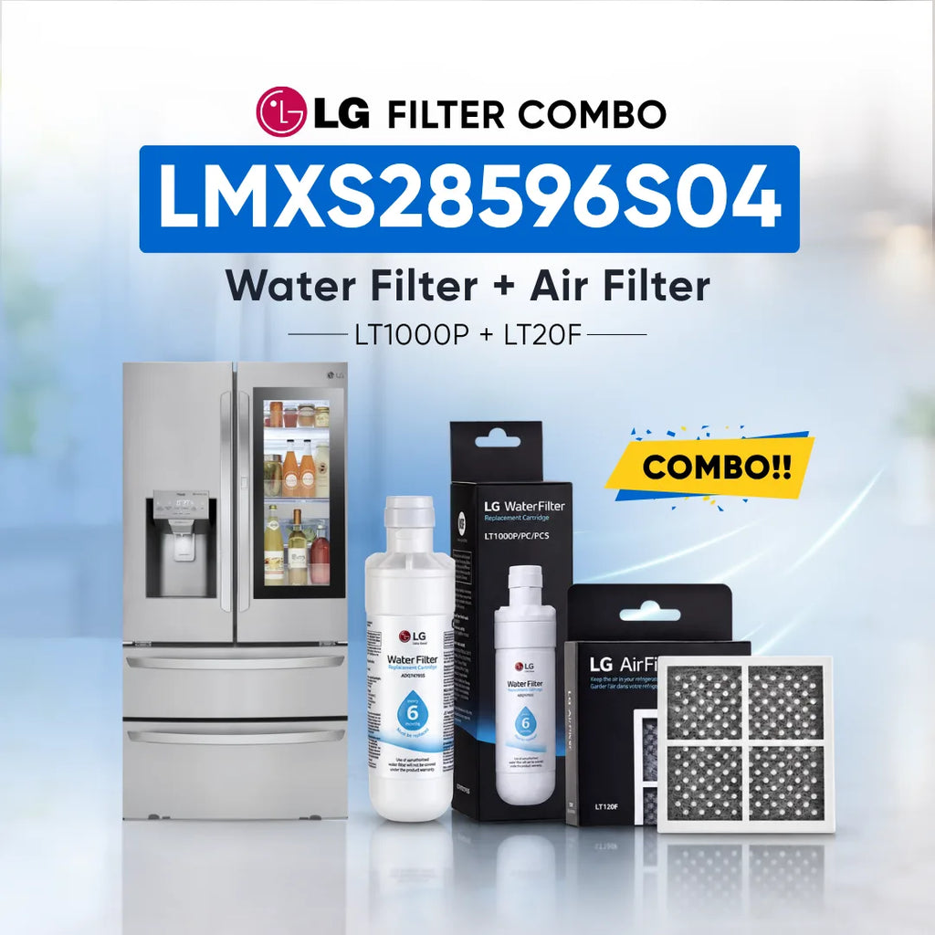 LG refrigerator LMXS28596S04 water filter and air filter set shown with a stainless steel refrigerator, two LG Water Filter bottles, two LG Air Filter boxes, and two rectangular air filters on a light blue background with promotional text.