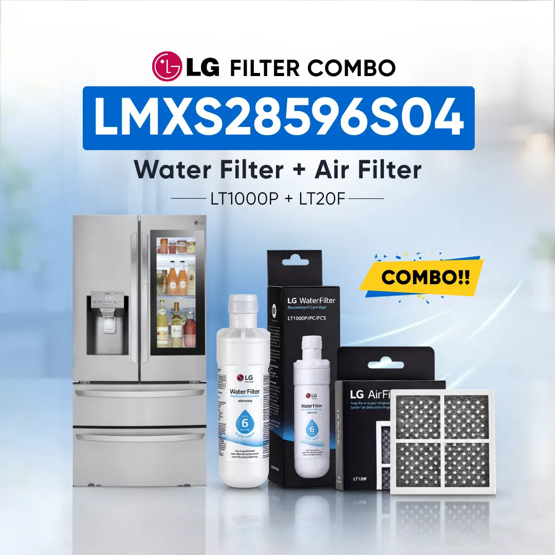 LG refrigerator LMXS28596S04 water filter and air filter set shown with a stainless steel refrigerator, two LG Water Filter bottles, two LG Air Filter boxes, and two rectangular air filters on a light blue background with promotional text.