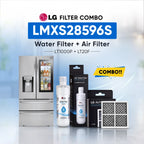 LG Filter Combo LFXS28596S00 water filter and air filter set shown with a stainless steel refrigerator, two LG Water Filter bottles, two LG Air Filter boxes, and two rectangular air filters on a light blue background with promotional text.