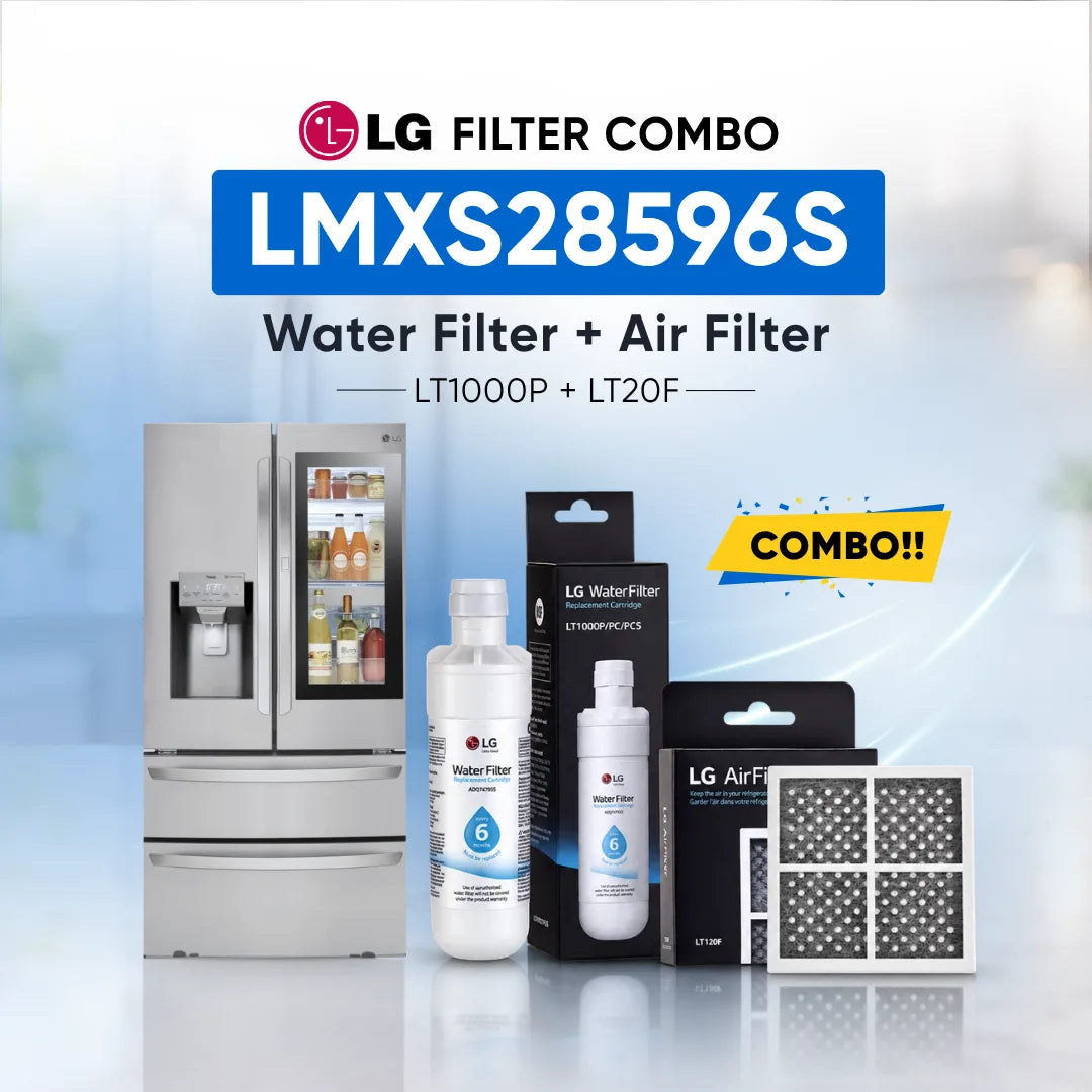 LG Filter Combo LFXS28596S00 water filter and air filter set shown with a stainless steel refrigerator, two LG Water Filter bottles, two LG Air Filter boxes, and two rectangular air filters on a light blue background with promotional text.