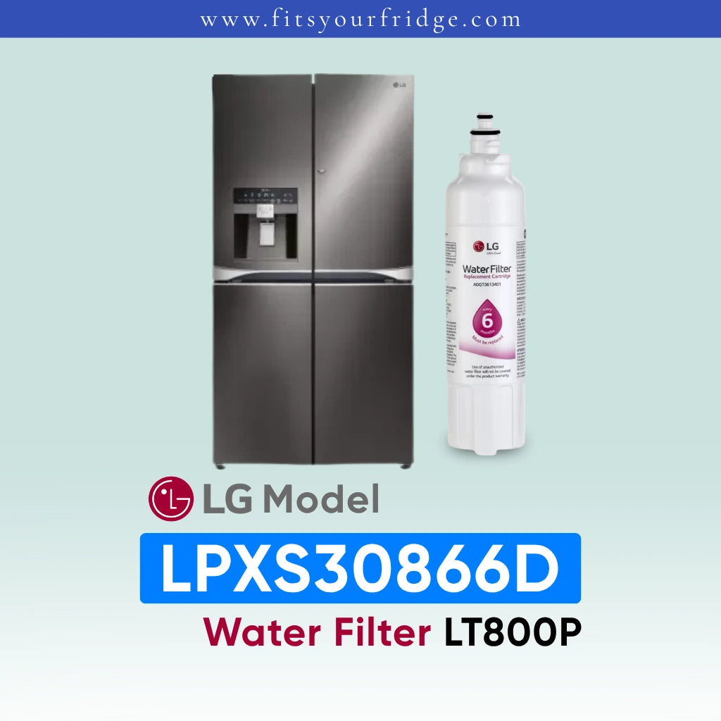 LG LPXS30866D refrigerator with water filter on a light-blue background