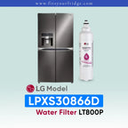 LG LPXS30866D refrigerator with water filter on a light-blue background