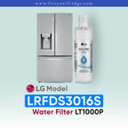 LG LRFDS3016S water filter with refrigerator on a light blue background