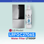 LG LRFGC2706S refrigerator with water filter packaging on a light blue background
