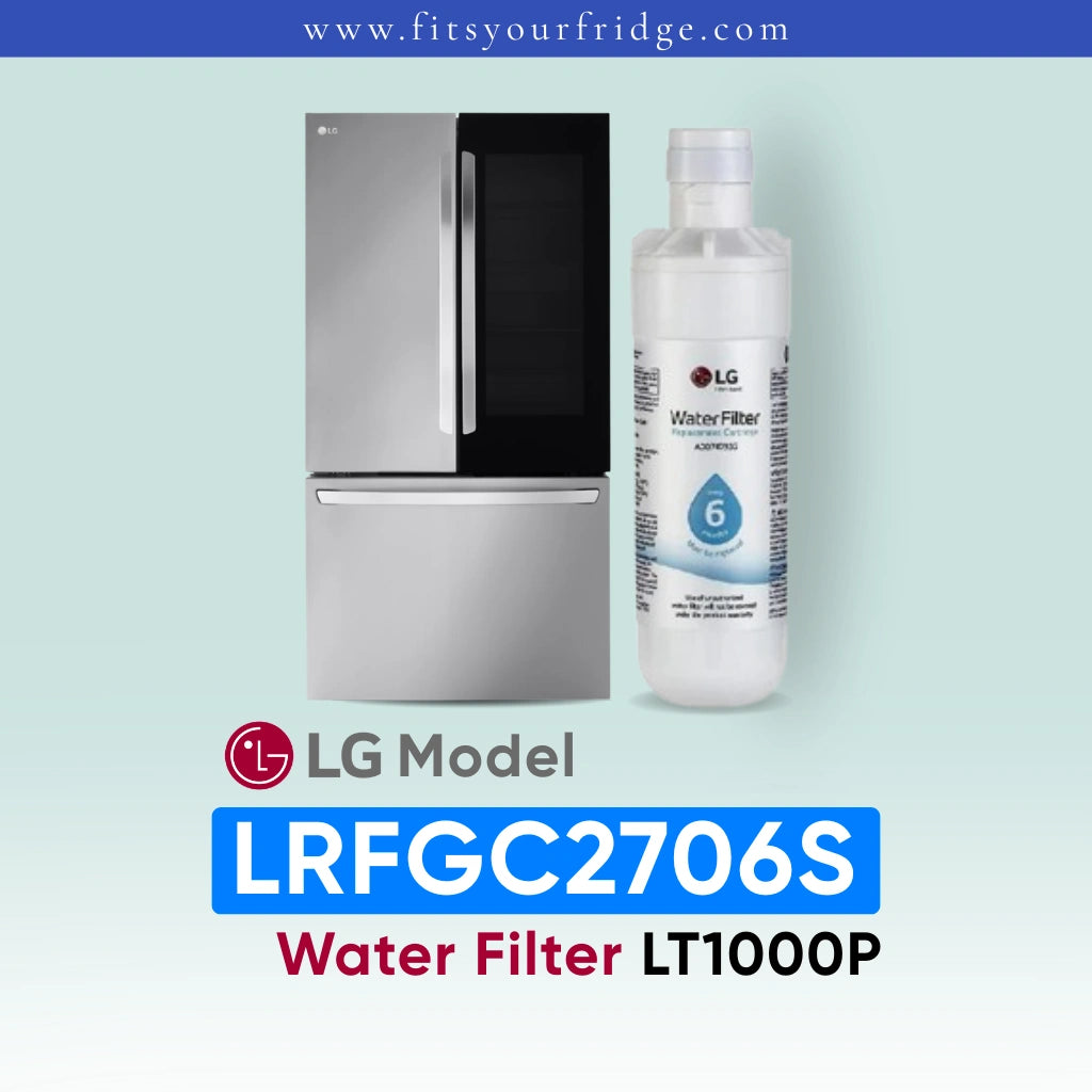 LG LRFGC2706S refrigerator with water filter packaging on a light blue background