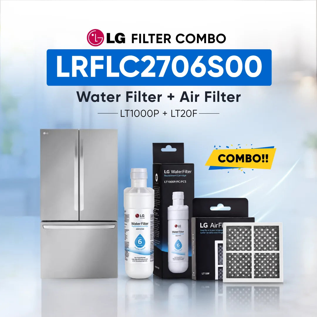 LG refrigerator LFXS28596S00 water filter and air filter set shown with a stainless steel refrigerator, two LG Water Filter bottles, two LG Air Filter boxes, and two rectangular air filters on a light blue background with promotional text.