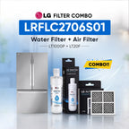 LG refrigerator LRFLC2706S01 water filter and air filter set shown with a stainless steel refrigerator, two LG Water Filter bottles, two LG Air Filter boxes, and two rectangular air filters on a light blue background with promotional text.