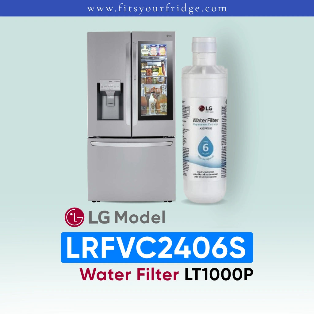 LG LRFVC2406S refrigerator with water filter on a light blue background