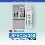 LG LRFVC2406S refrigerator with water filter on a light blue background