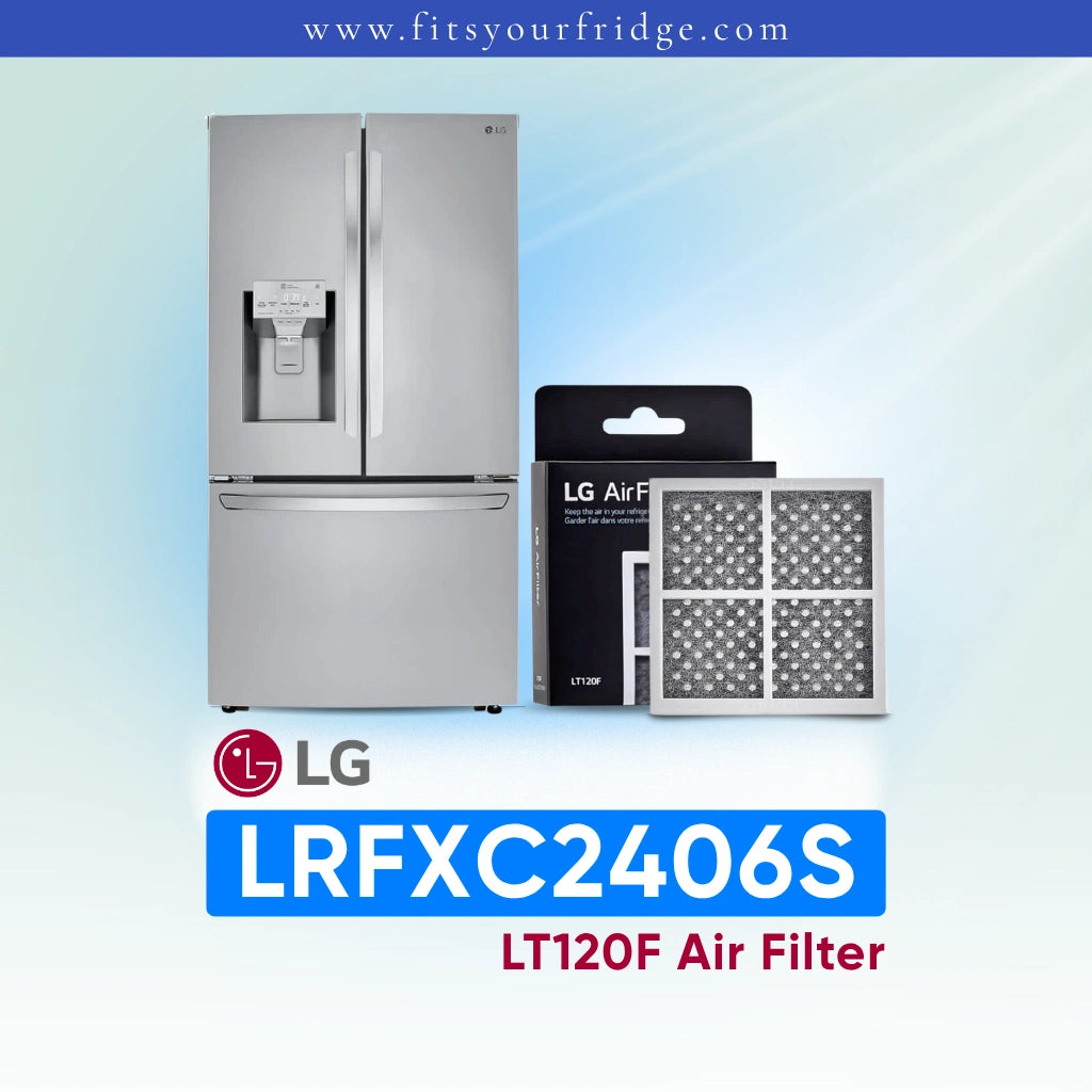 LG refrigerator LRFXC2406S with air filter packaging on a light blue background