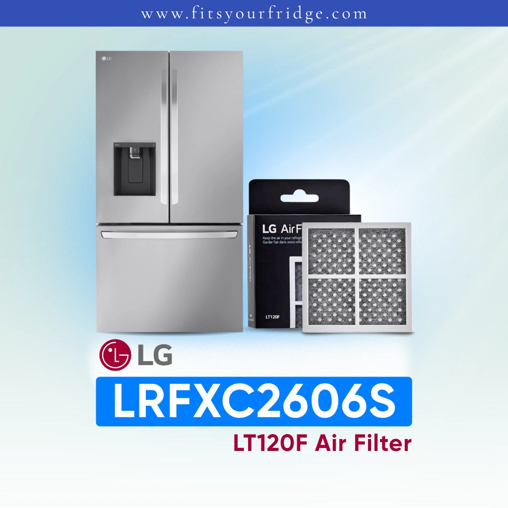 LG LRFXC2606S refrigerator with compatible LT120F air filter replacement for fresher air and odor reduction inside your fridge.