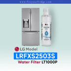 LG LRFXS2503S refrigerator with water filter and bottle on a light blue background
