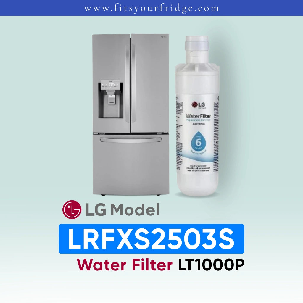 LG LRFXS2503S refrigerator with water filter and bottle on a light blue background
