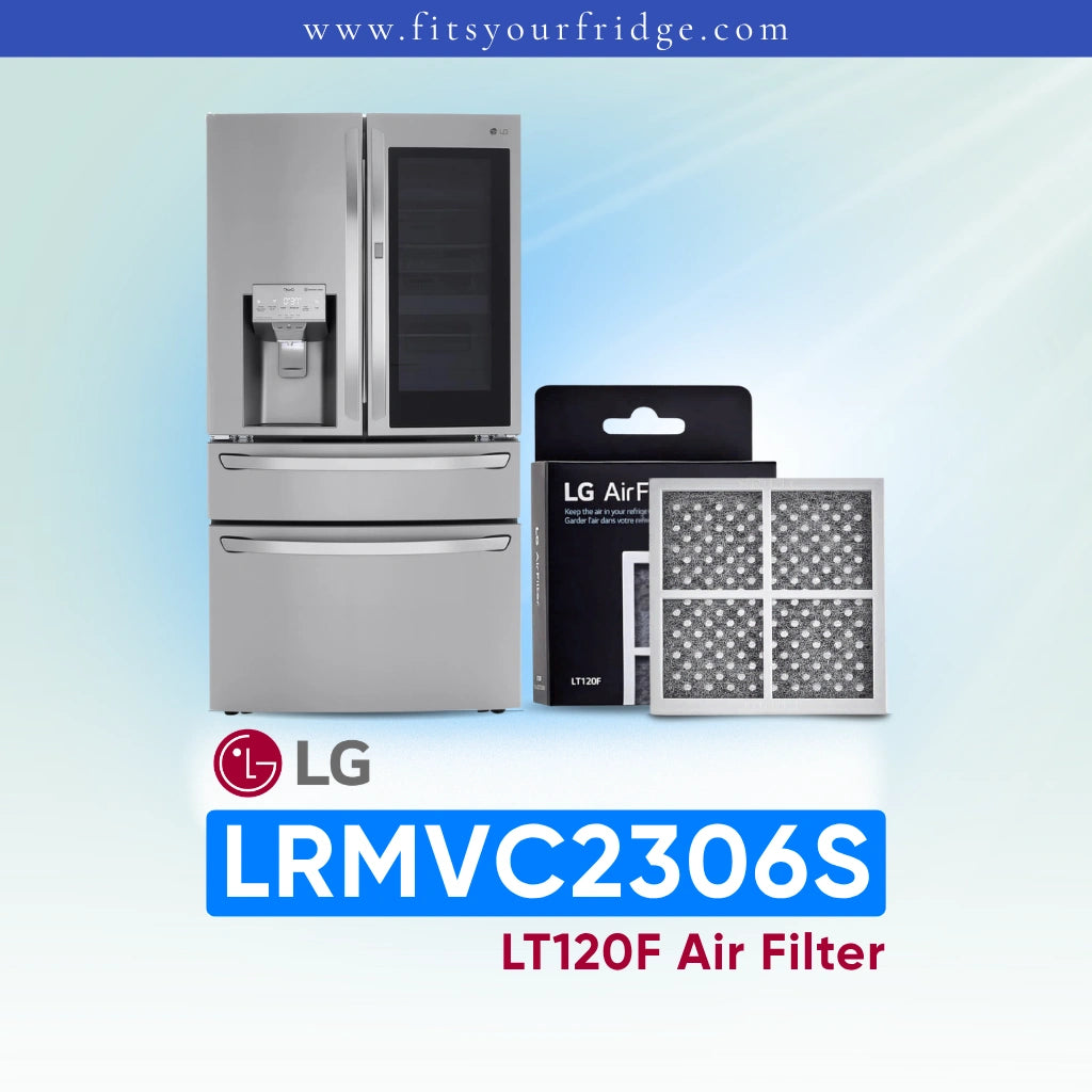 LG refrigerator LRMVC2306S with air filter packaging and product code on a light blue background