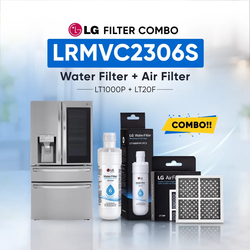 LG refrigerator LRMVC2306S water filter and air filter set shown with a stainless steel refrigerator, two LG Water Filter bottles, two LG Air Filter boxes, and two rectangular air filters on a light blue background with promotional text.