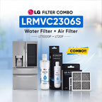 LG refrigerator LRMVC2306S water filter and air filter set shown with a stainless steel refrigerator, two LG Water Filter bottles, two LG Air Filter boxes, and two rectangular air filters on a light blue background with promotional text.