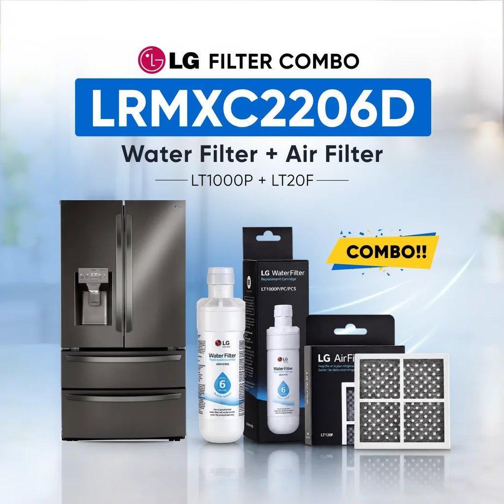 LG refrigerator LRMXC2206D water filter and air filter set shown with a stainless steel refrigerator, two LG Water Filter bottles, two LG Air Filter boxes, and two rectangular air filters on a light blue background with promotional text.