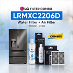 LG refrigerator LRMXC2206D water filter and air filter set shown with a stainless steel refrigerator, two LG Water Filter bottles, two LG Air Filter boxes, and two rectangular air filters on a light blue background with promotional text.