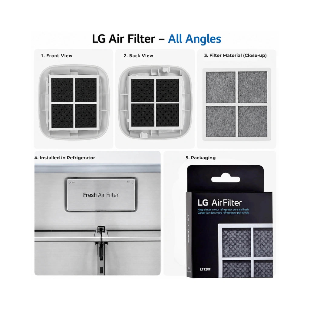 LG LRSOS2706S air filter shown from the front, back, close-up, installed in the refrigerator, and packaging views.