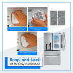 Step-by-step guide on how to install an LG refrigerator LRSOS2706S LT120F air filter with close-up shots and text instructions.
