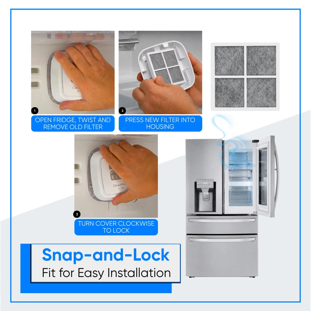 Step-by-step guide on how to install an LG refrigerator LRSOS2706S LT120F air filter with close-up shots and text instructions.