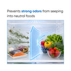 Open the refrigerator with food items and text indicating odor prevention feature