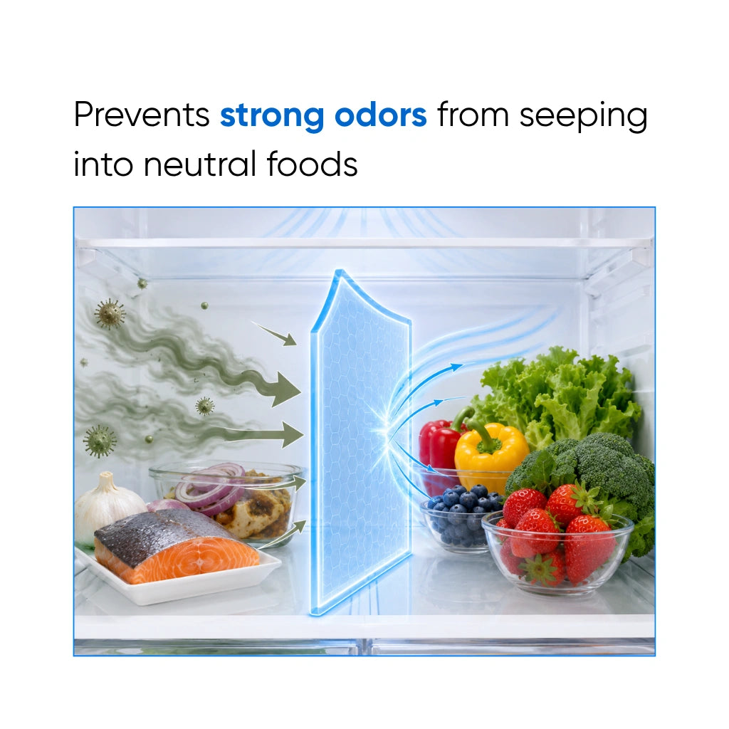 Open the refrigerator with food items and text indicating odor prevention feature
