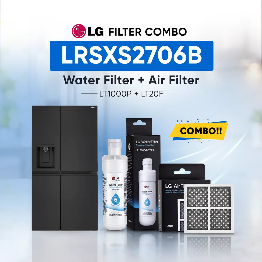 LG refrigerator LRSXS2706B water filter and air filter set shown with a stainless steel refrigerator, two LG Water Filter bottles, two LG Air Filter boxes, and two rectangular air filters on a light blue background with promotional text.