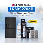 LG refrigerator LRSXS2706B water filter and air filter set shown with a stainless steel refrigerator, two LG Water Filter bottles, two LG Air Filter boxes, and two rectangular air filters on a light blue background with promotional text.