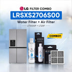 LG refrigerator LRSXS2706S00 water filter and air filter set shown with a stainless steel refrigerator, two LG Water Filter bottles, two LG Air Filter boxes, and two rectangular air filters on a light blue background with promotional text.