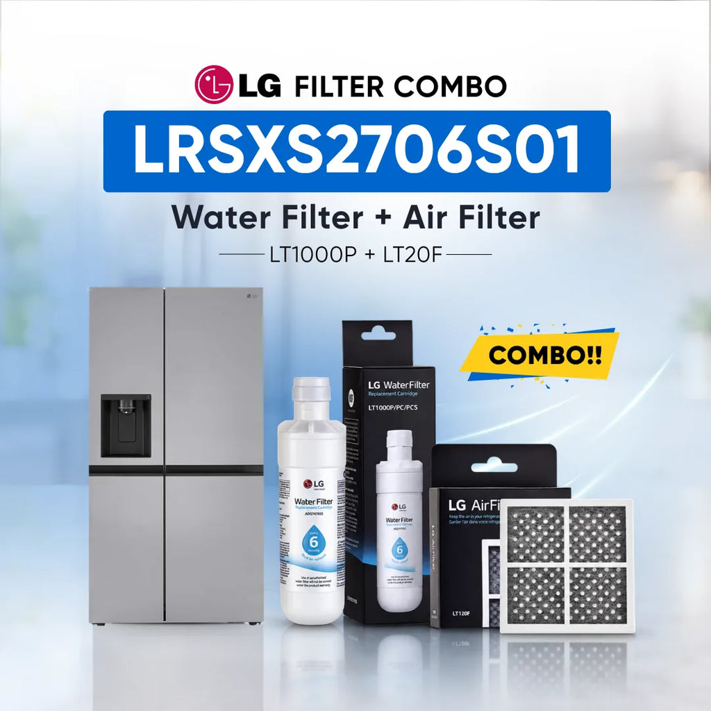 LG refrigerator LRSXS2706S01 water filter and air filter set shown with a stainless steel refrigerator, two LG Water Filter bottles, two LG Air Filter boxes, and two rectangular air filters on a light blue background with promotional text.