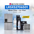 LG refrigerator LRSXS2706S01 water filter and air filter set shown with a stainless steel refrigerator, two LG Water Filter bottles, two LG Air Filter boxes, and two rectangular air filters on a light blue background with promotional text.