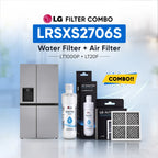 LG refrigerator LRSXS2706S water filter and air filter set shown with a stainless steel refrigerator, two LG Water Filter bottles, two LG Air Filter boxes, and two rectangular air filters on a light blue background with promotional text.