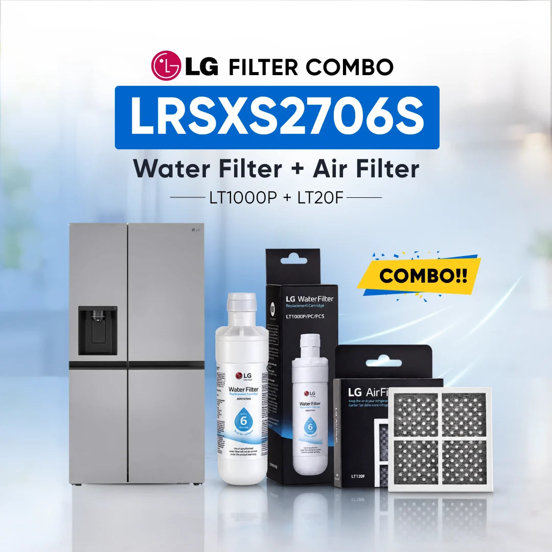 LG refrigerator LRSXS2706S water filter and air filter set shown with a stainless steel refrigerator, two LG Water Filter bottles, two LG Air Filter boxes, and two rectangular air filters on a light blue background with promotional text.