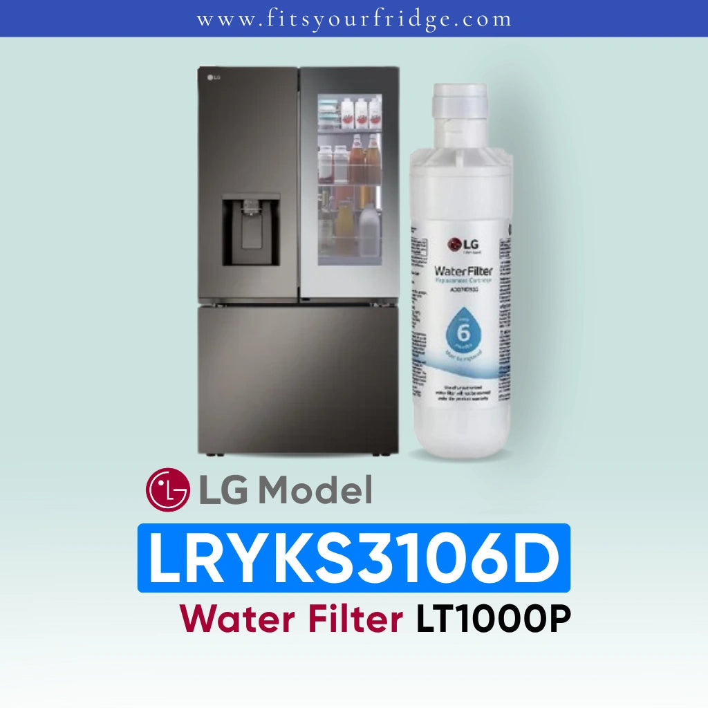 LG LRYKS3106D refrigerator with water filter on a light blue background