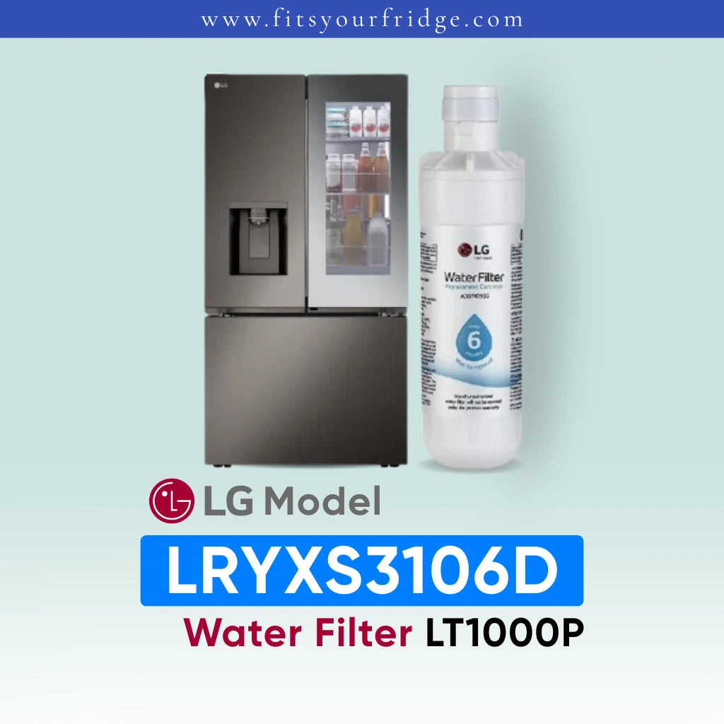 LG LRYXS3106D refrigerator with water filter and bottle on a light blue background