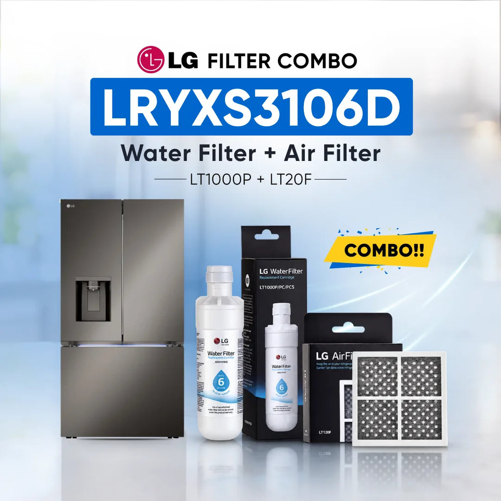 LG refrigerator LRYXS3106D water filter and air filter set shown with a stainless steel refrigerator, two LG Water Filter bottles, two LG Air Filter boxes, and two rectangular air filters on a light blue background with promotional text.