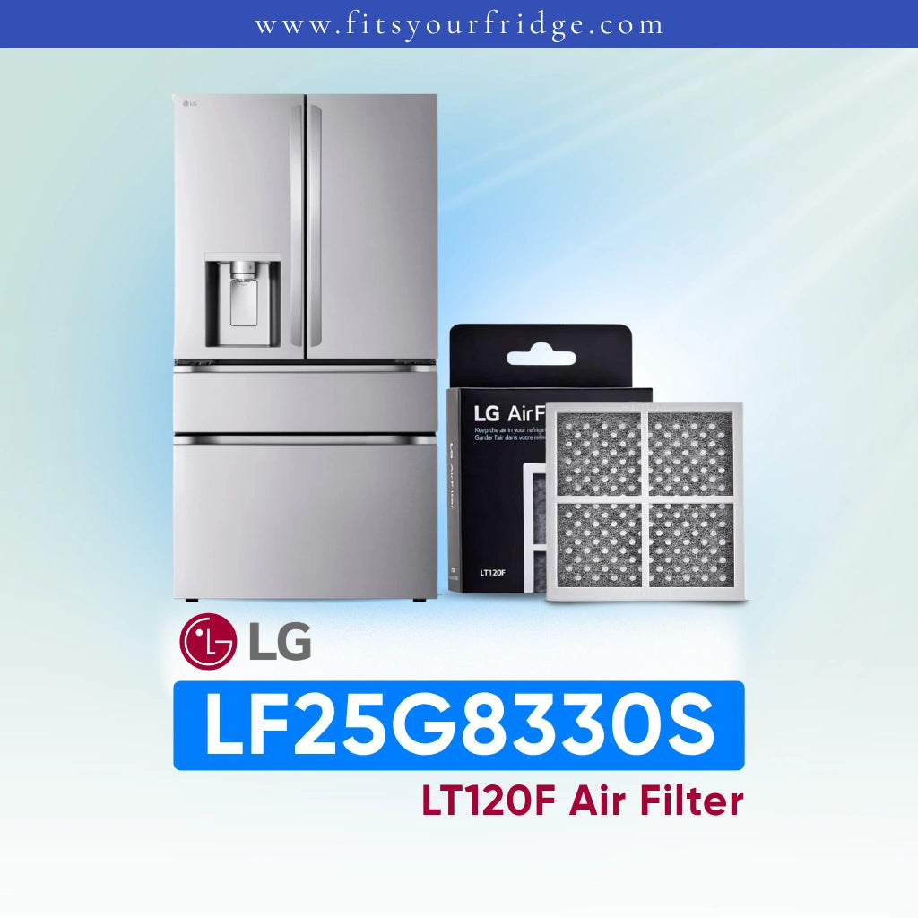 LG refrigerator LF25G8330S with an air filter packaging on a light blue background