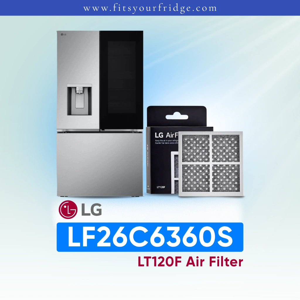 LG LF26C6360S refrigerator with air filter packaging and model number on a light blue background