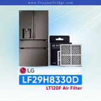 LG refrigerator LF29H8330D with air filter packaging on a light blue background