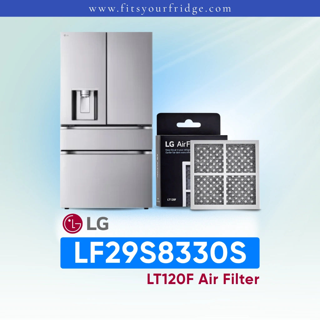 LG refrigeratorLF29S8330S with air filter packaging on a light blue background